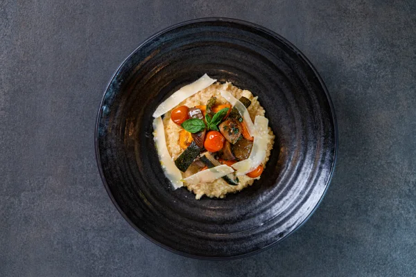 Creamy Roasted Vegetable Risotto with Arborio rice, roasted vegetables and authentic Italian flavours, served at The Meet Up in Cascavelle, Mauritius.