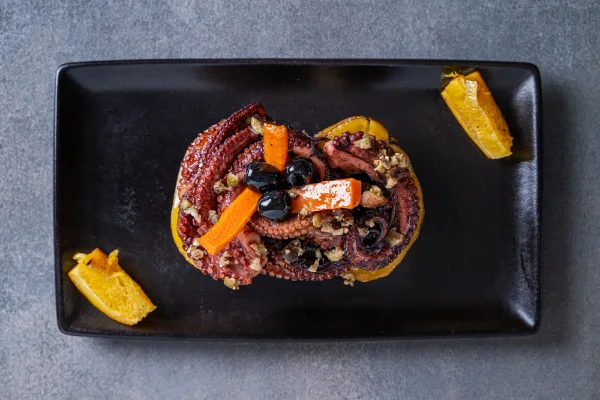Roasted Octopus Salad with tender octopus, fresh salad and Mediterranean flavours, served at The Meet Up in Cascavelle, Mauritius.